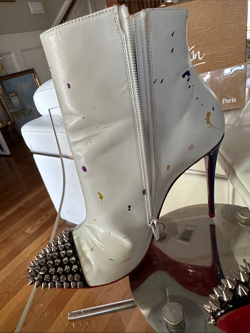 Christian Louboutin White Leather Hand-Painted Spike-Toe Ankle LOVE Boots - Picture 10 of 16